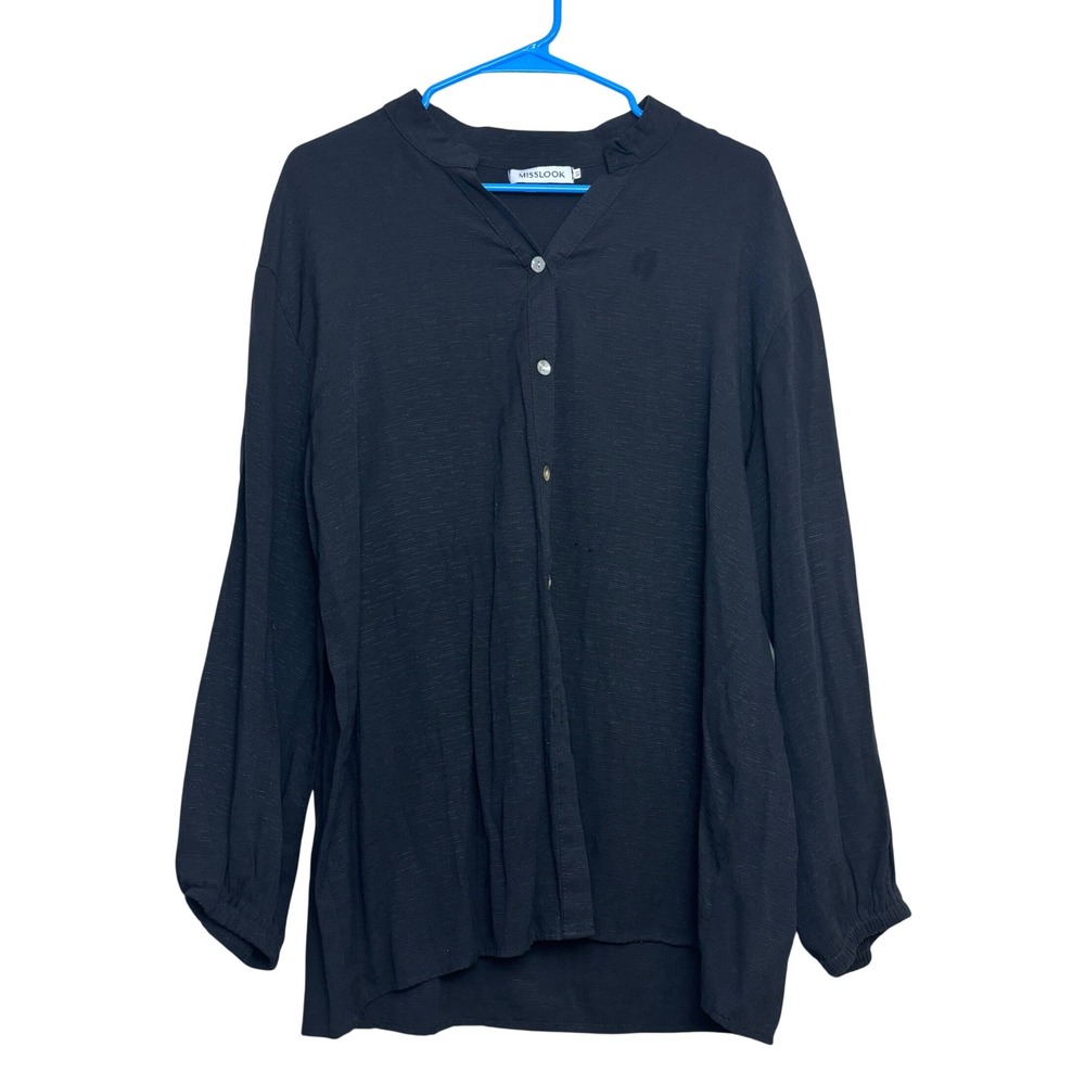 Misslook Button Blouse Womens XL Black Slub Office Siren Minimalist Classic Chic